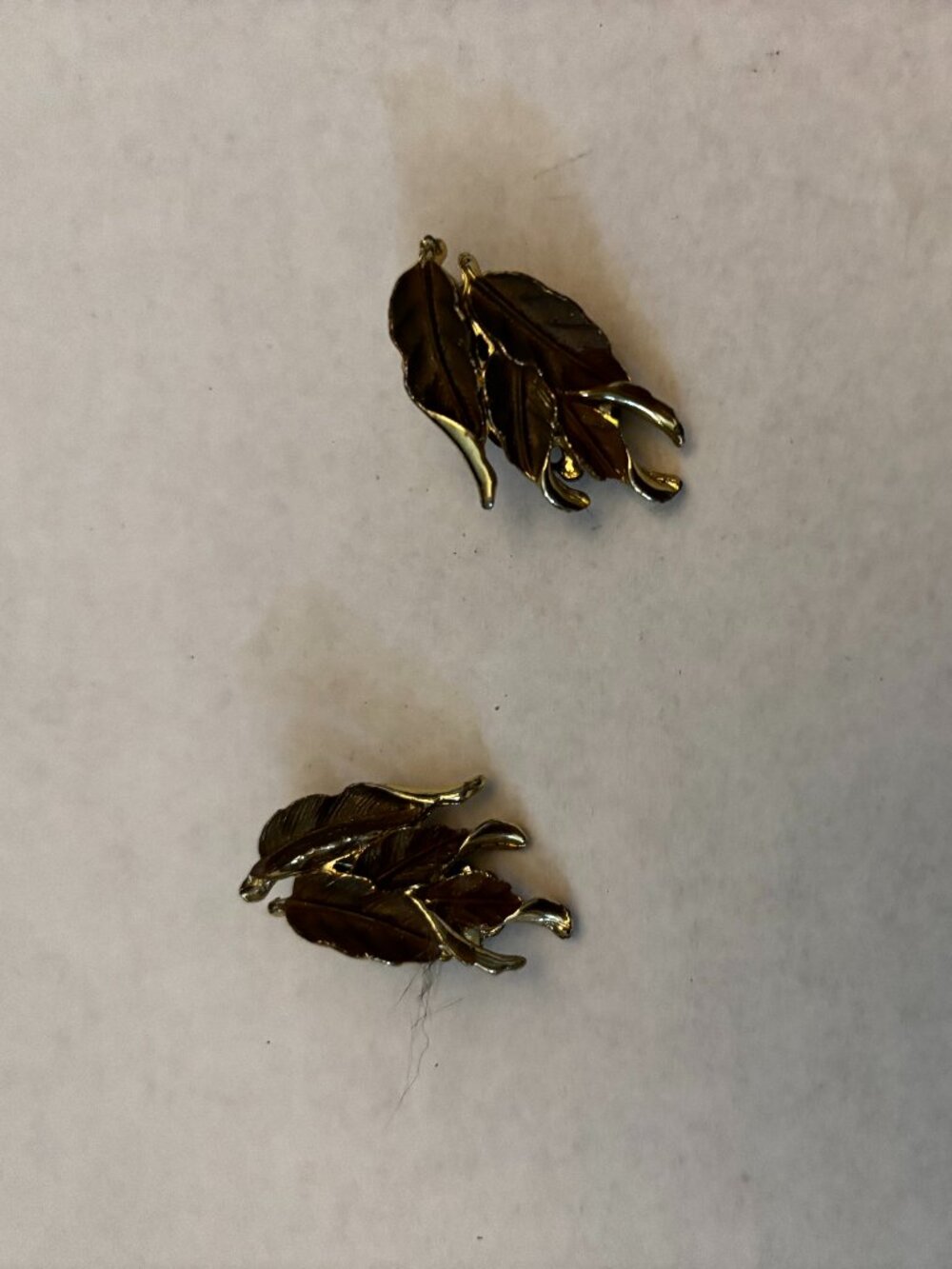 Clip on earrings gold tone brown enamel leaves